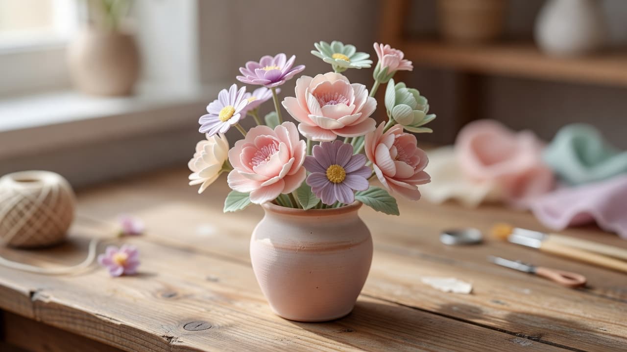 several finished cold porcelain flowers in soft pastel colors arranged in a small vase on a wooden table