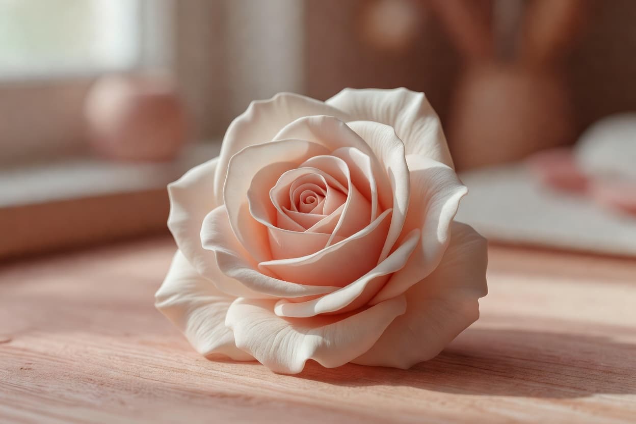 close-up of a finished realistic cold porcelain rose flower