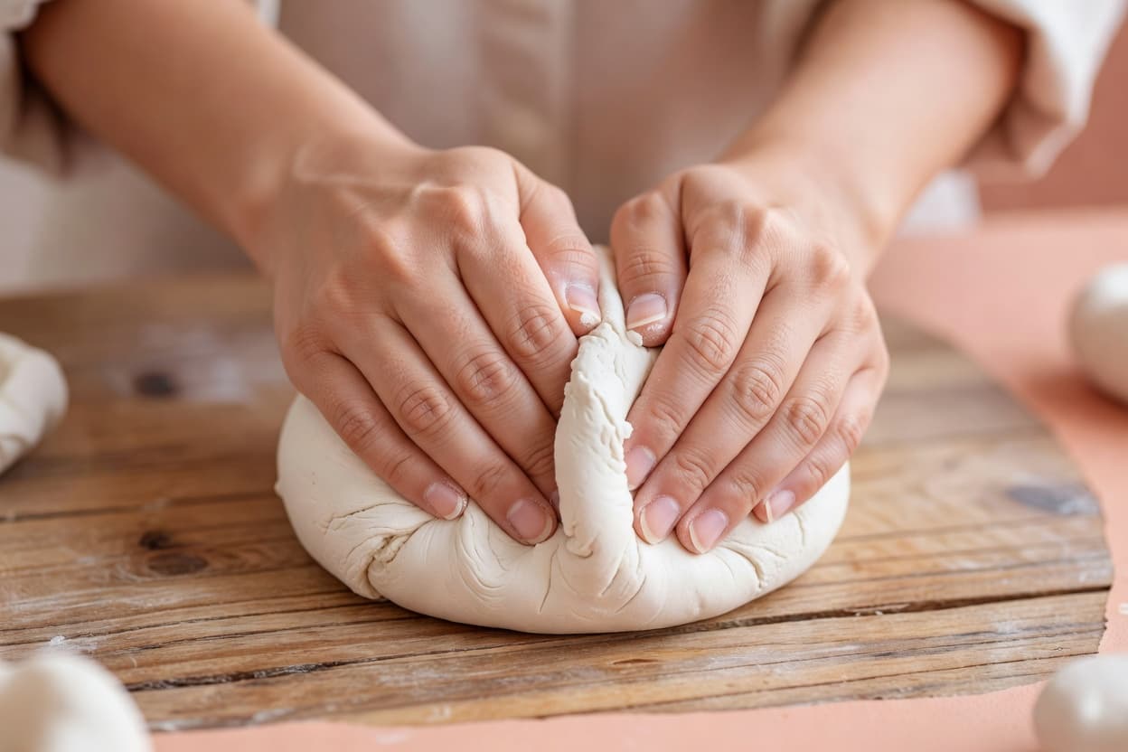 close-up of hands kneading white cold porcelain clay dough on a wooden surface