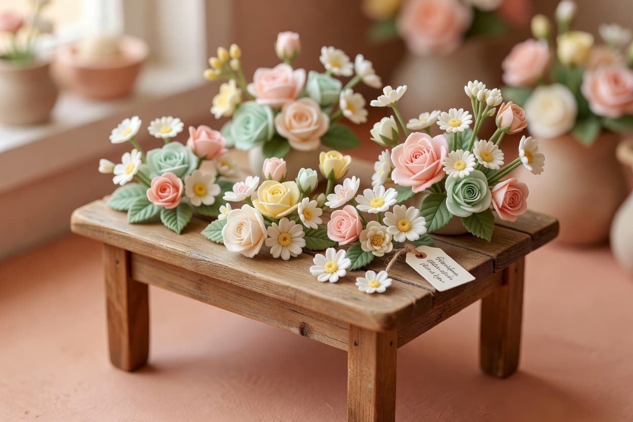 a small handmade market stall table with cold porcelain flower arrangements displayed