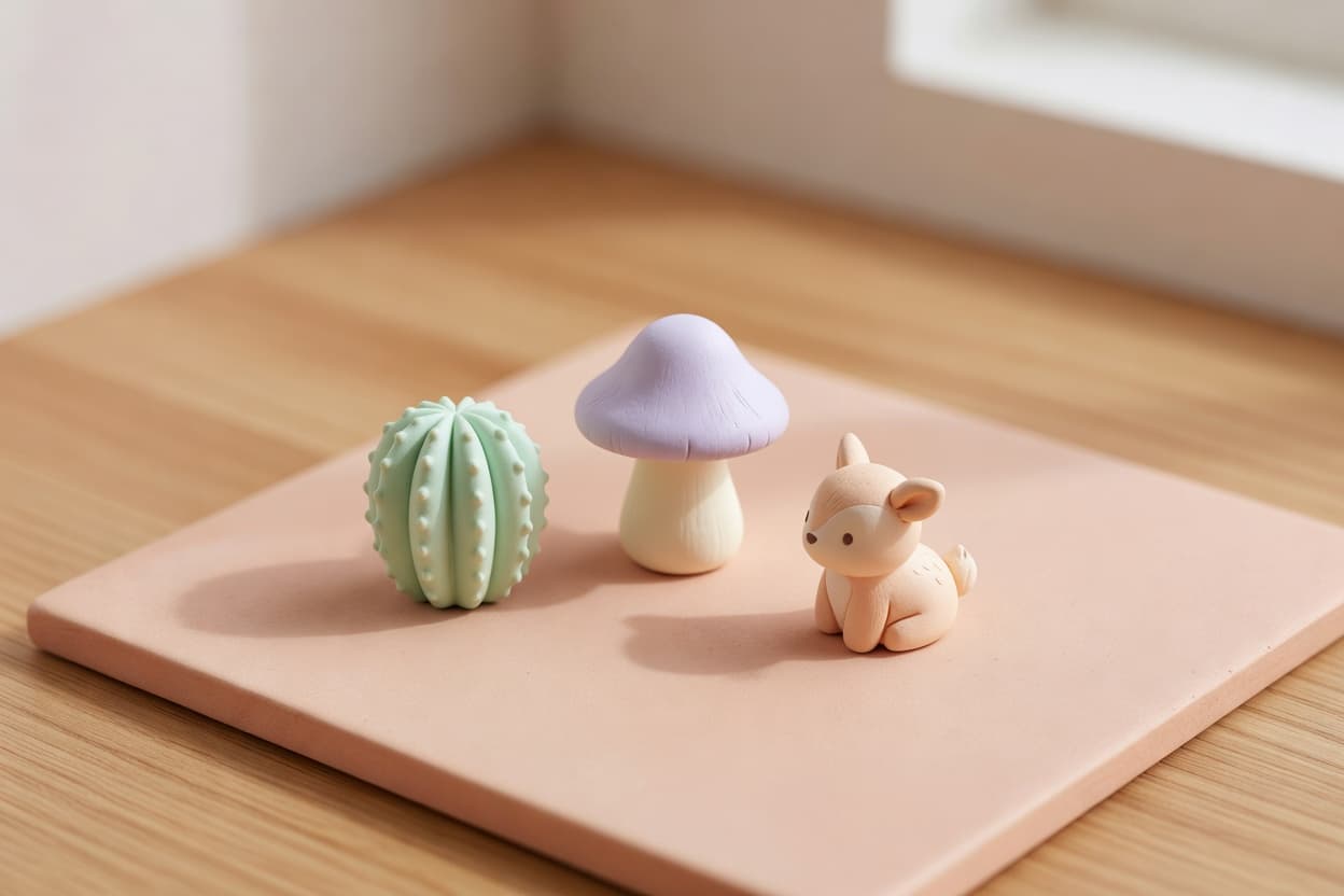 a flatlay of small finished cold porcelain figures: a mini cactus