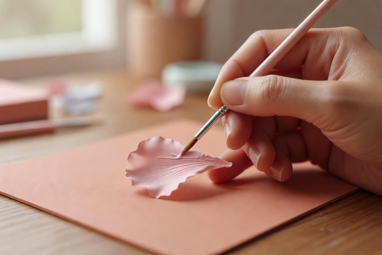 close-up of hands hand-painting a dried cold porcelain flower petal with a small fine brush and acrylic paint