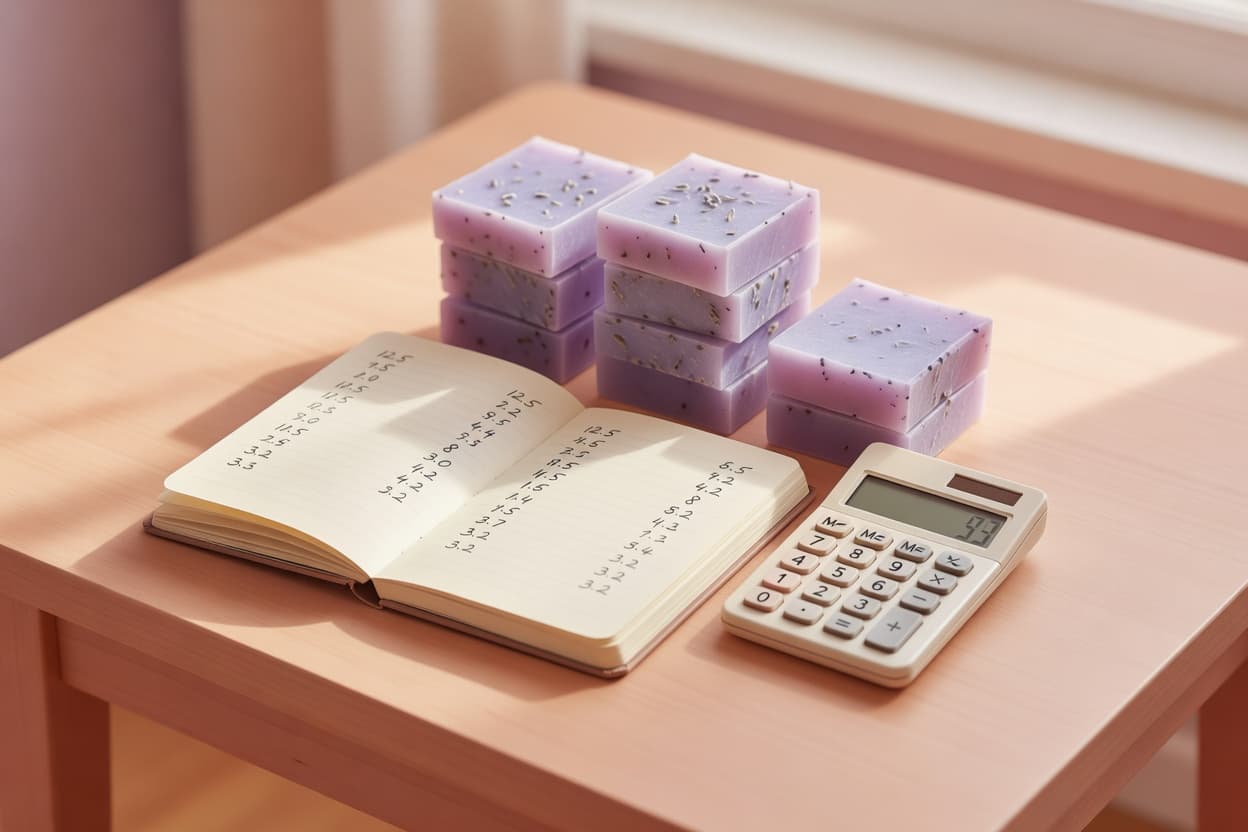 a flatlay of handmade lavender glycerin soap bars next to a notebook with handwritten numbers and a small calculator