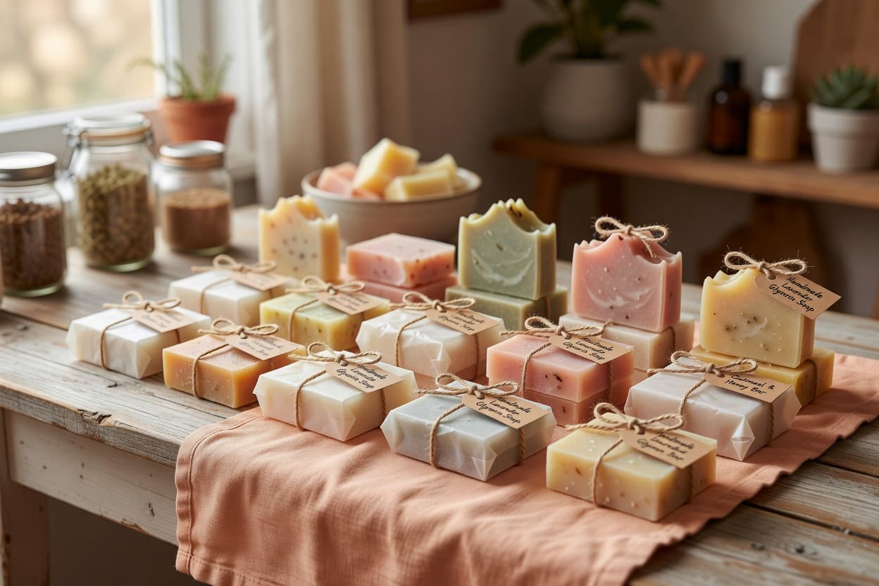 a small home soap-making business setup with handmade glycerin soaps neatly packaged and labeled for sale