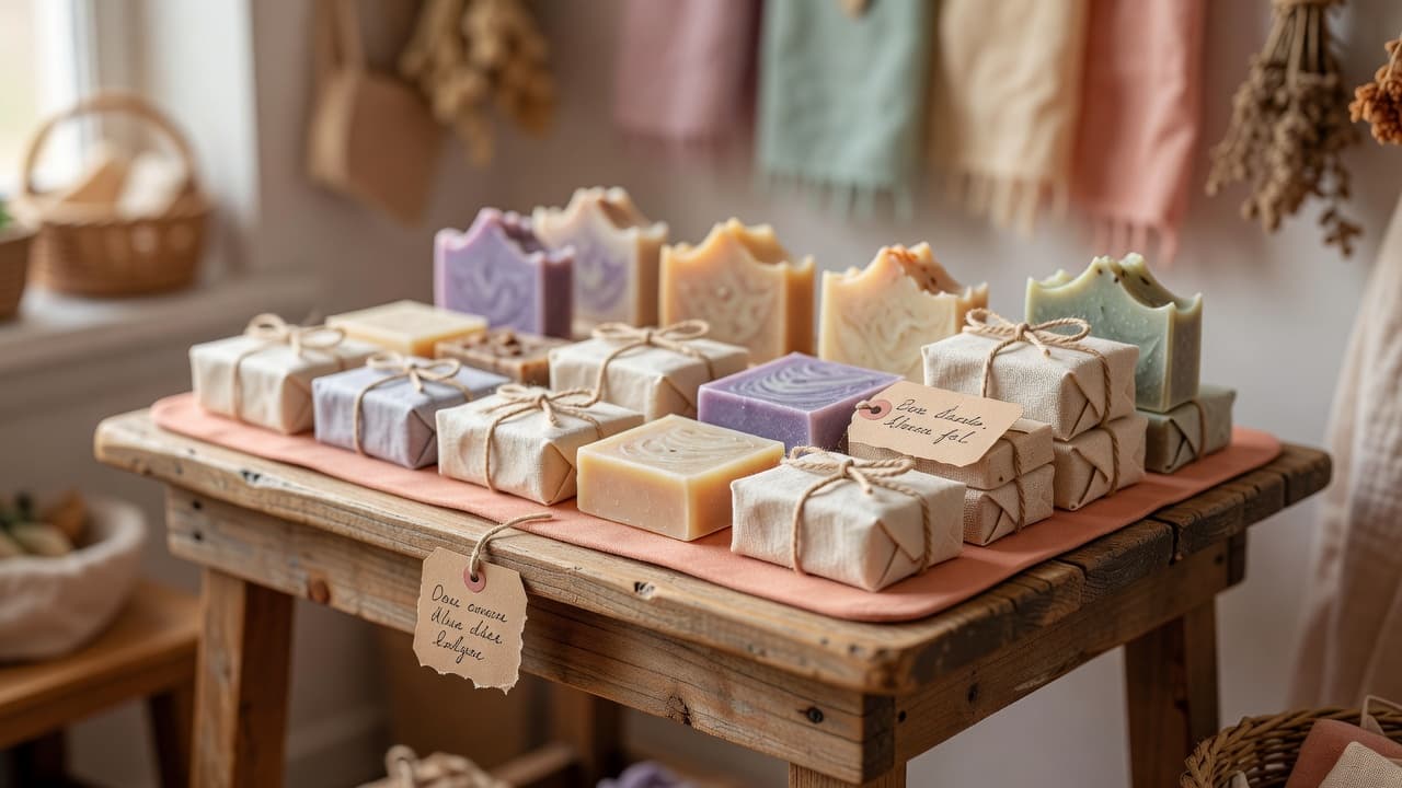 a small rustic market stall table with handmade soap bars neatly wrapped and a small handwritten price tag