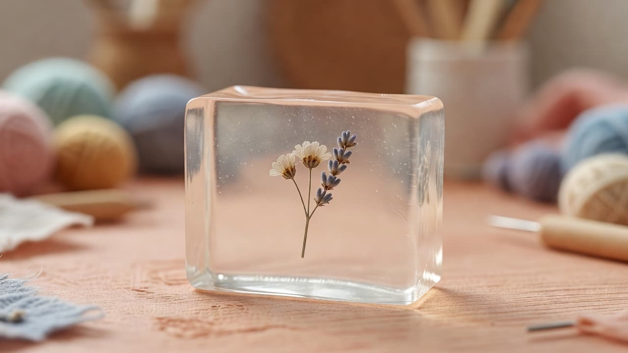 a perfectly clear transparent glycerin soap bar with a small dried flower suspended inside