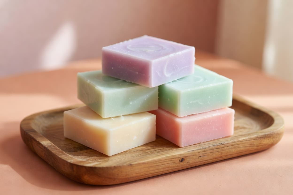 several finished handmade glycerin soap bars in different pastel colors stacked on a wooden tray