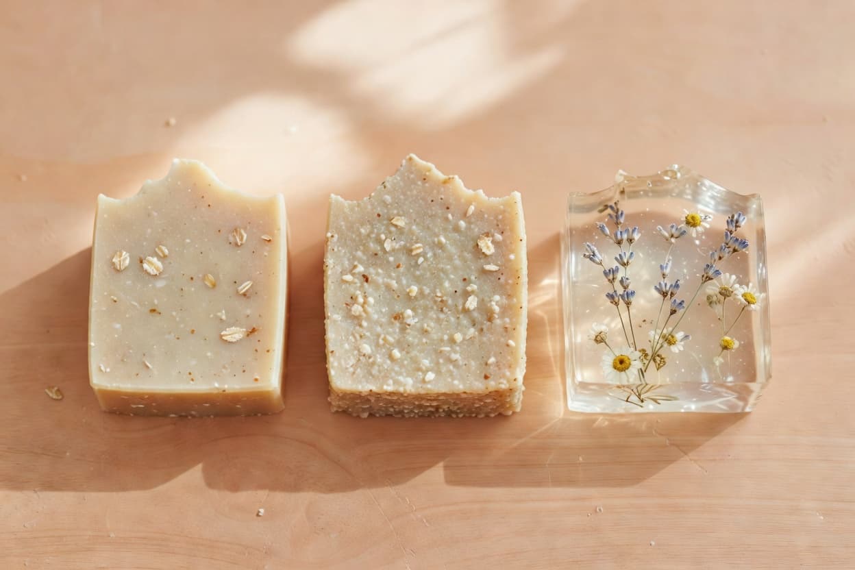 a flatlay of three different glycerin soap bars: one with oats and honey
