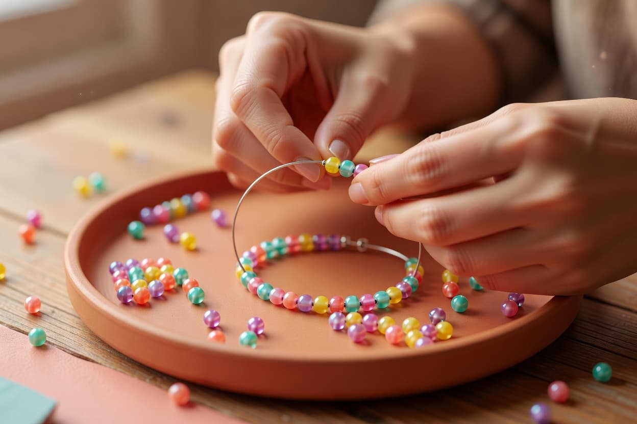close-up of hands stringing colorful beads onto wire to make a bracelet
