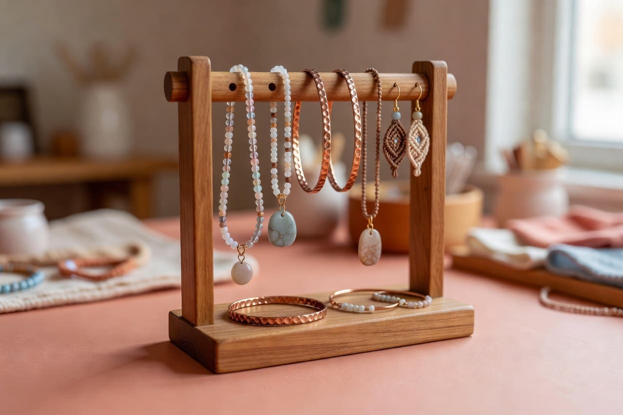 a small display stand with several different finished handmade jewelry pieces styled for a market stall