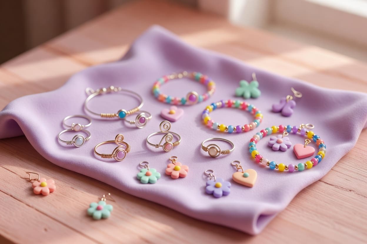a flatlay of finished handmade jewelry: wire-wrapped rings