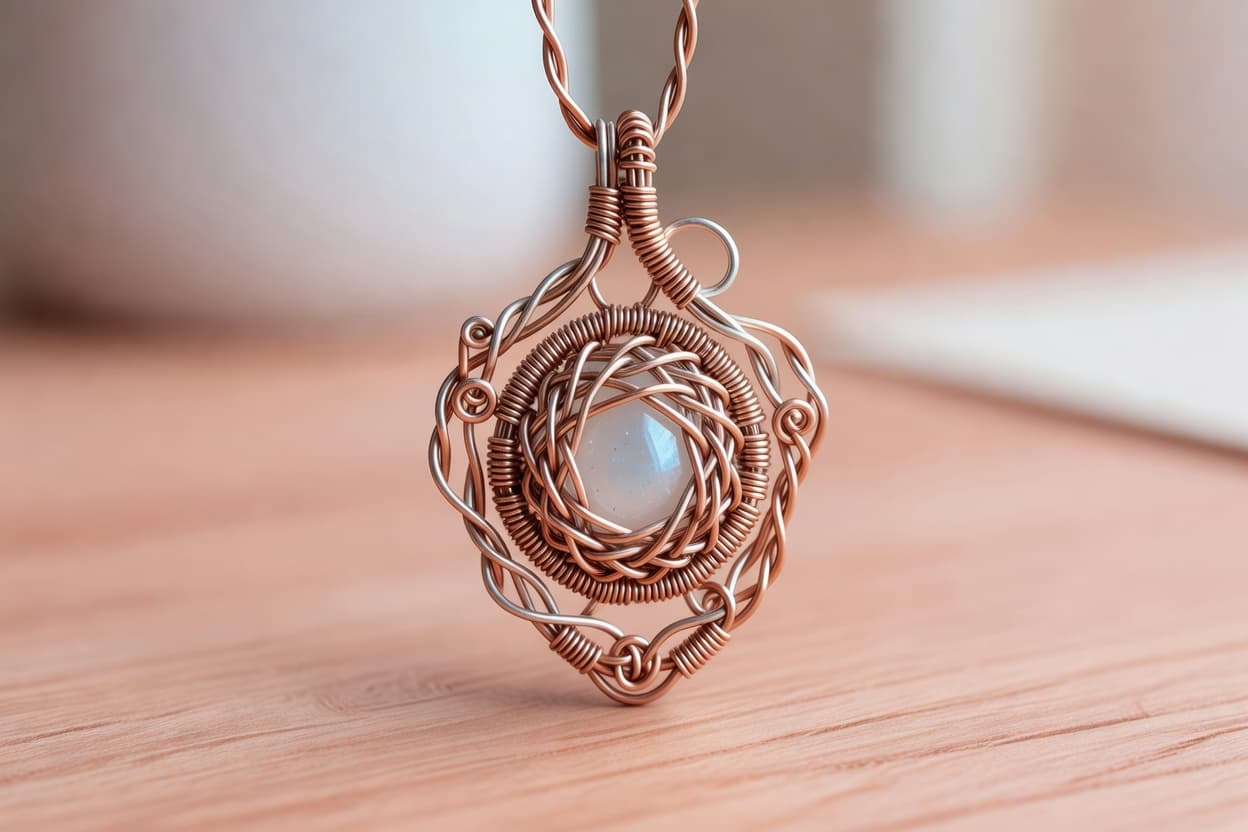 close-up of an intricate wire-wrapped pendant with a woven wire cage design around a stone
