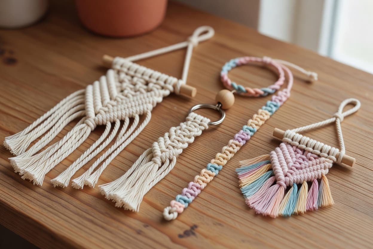 a flatlay of several different finished macrame products: a plant hanger