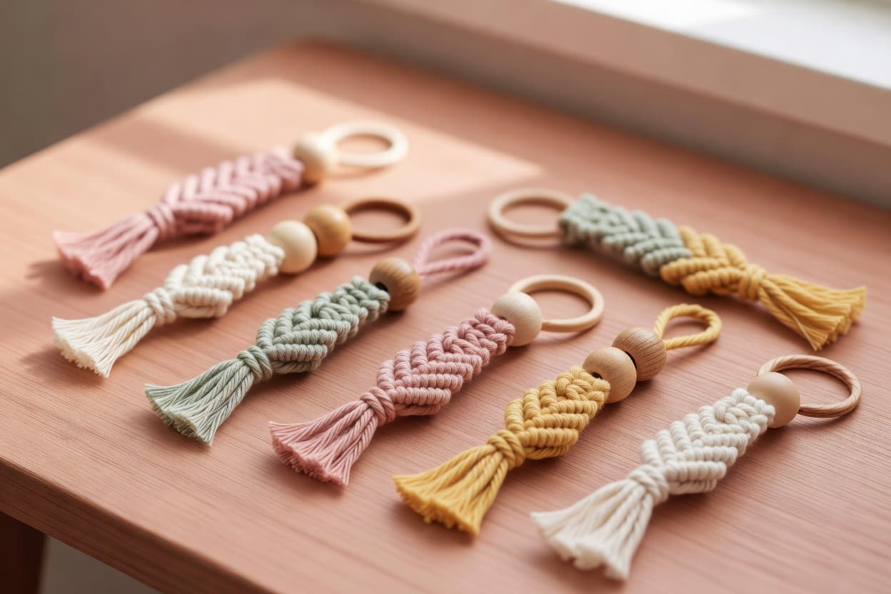 a flatlay of several small finished macrame keychains with wooden beads on a wooden table