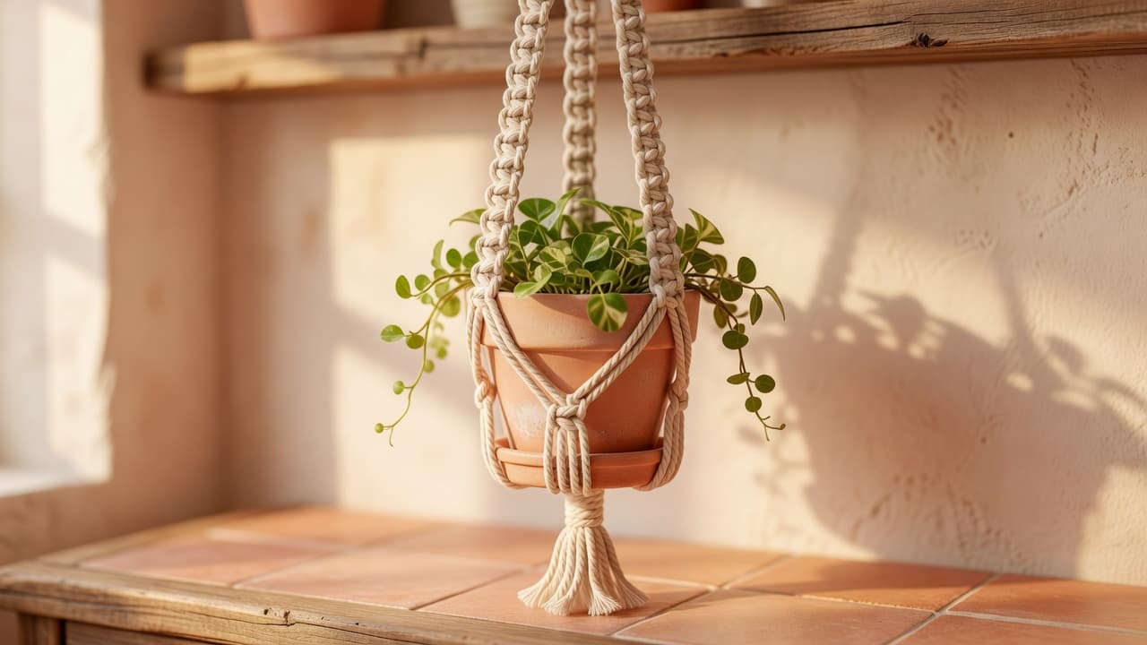 a finished macrame plant hanger with a potted plant