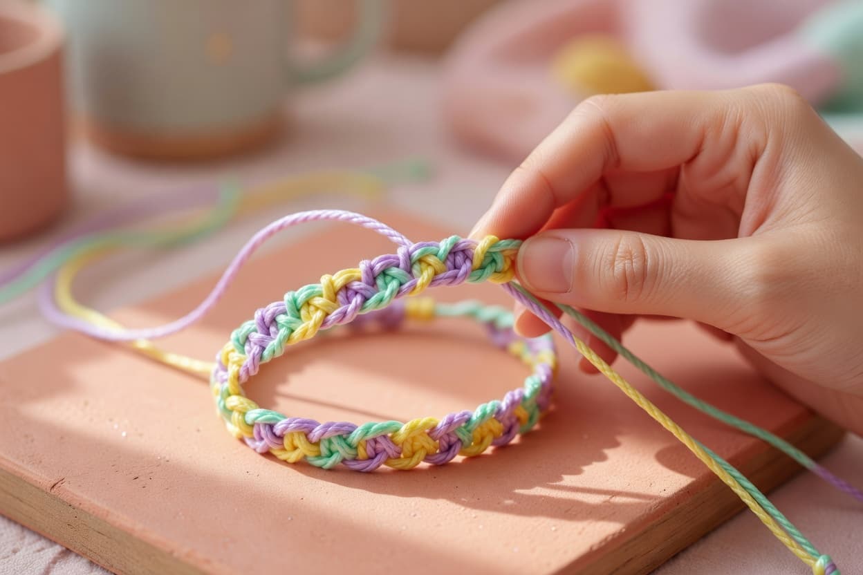 close-up of hands braiding a macrame friendship bracelet with waxed cord