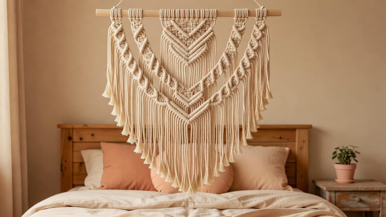 a finished large macrame wall hanging tapestry with fringe