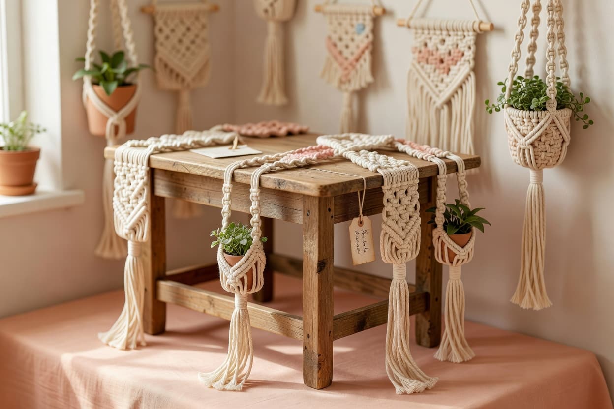 a small handmade market stall table with macrame plant hangers and wall hangings displayed