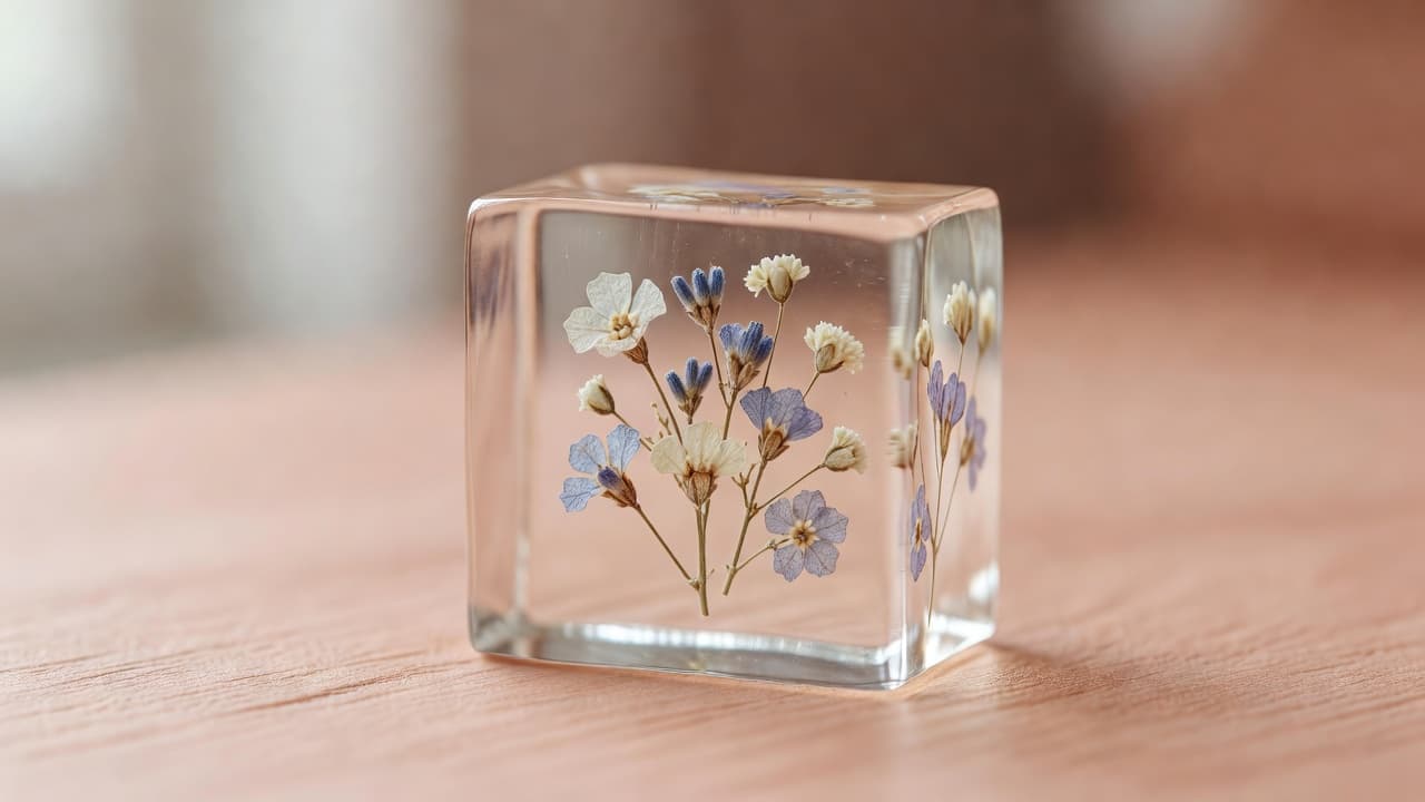 close-up of small dried flowers suspended perfectly in the middle of a clear epoxy resin block