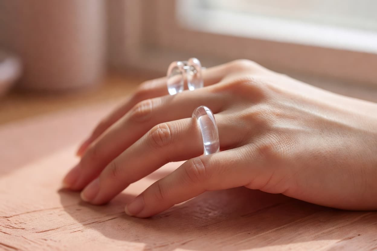 close-up of a hand wearing a glossy handmade epoxy resin ring and earrings