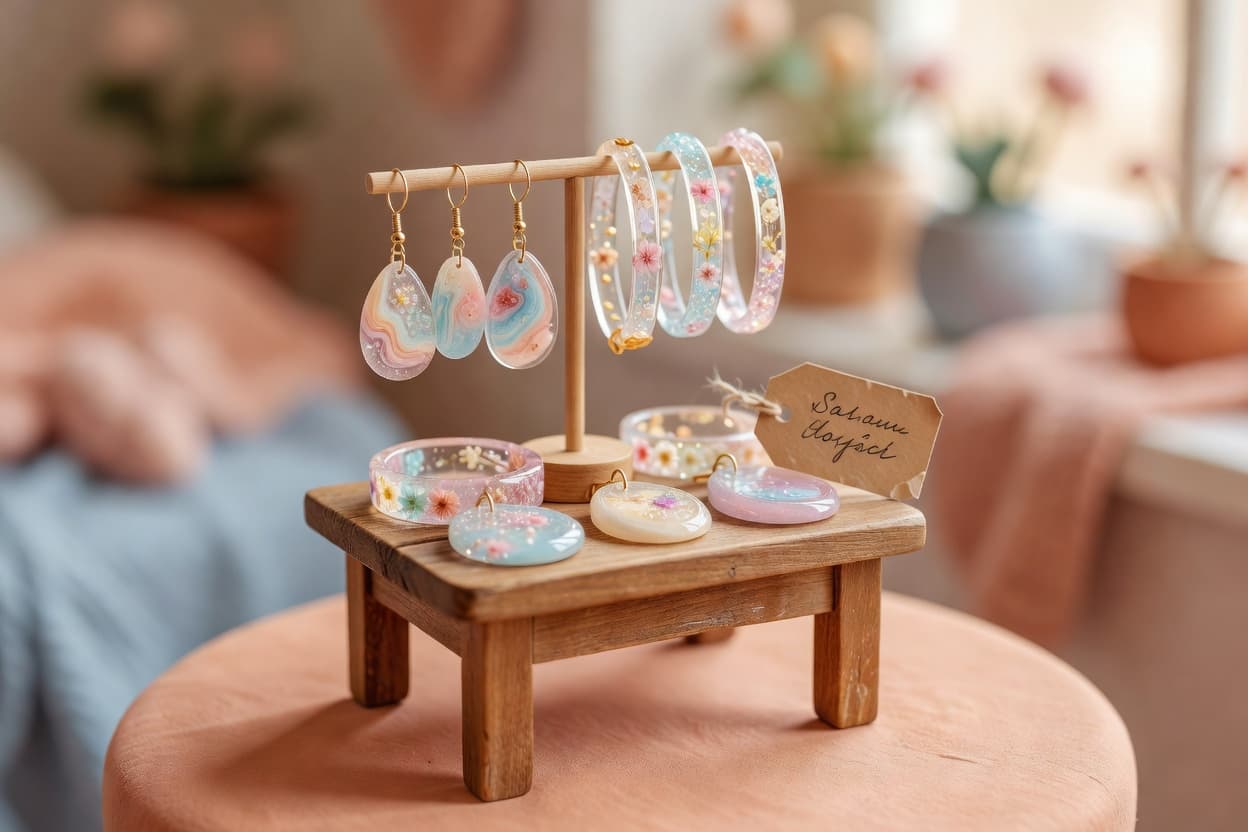 a small handmade market stall table with epoxy resin jewelry displayed on a stand and a small handwritten price tag