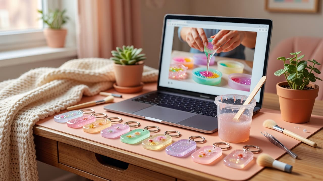 a laptop open on a desk showing an online course video next to finished epoxy resin keychains and a resin mixing cup