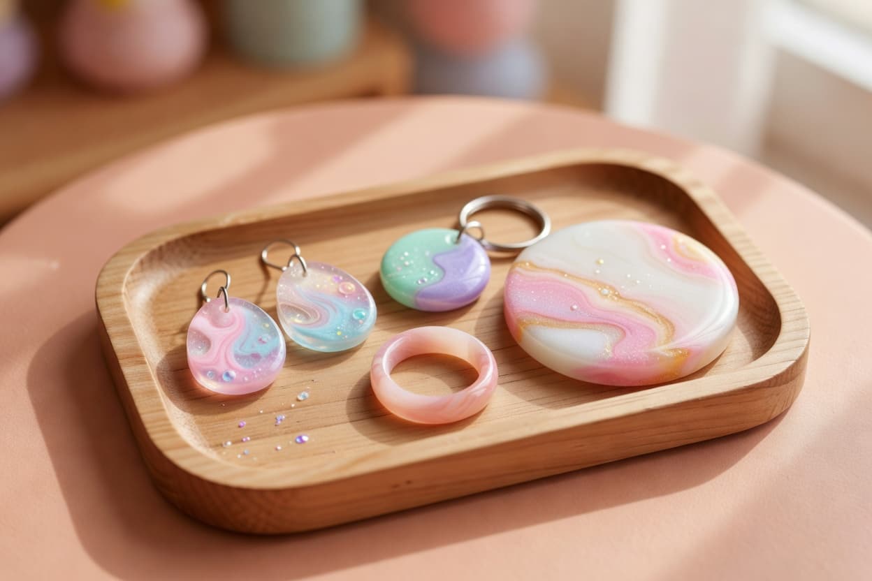 a small display tray with several different finished epoxy resin accessories: earrings