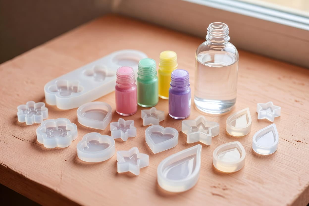 a flatlay of empty silicone resin molds of different shapes next to small bottles of resin pigment and a bottle of epoxy resin