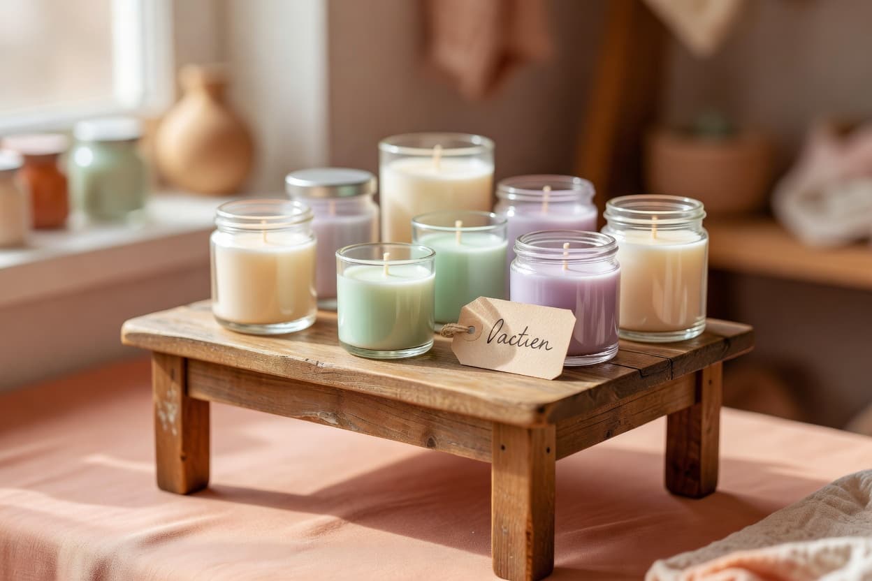 a small handmade market stall table with aromatic candles in jars neatly displayed and a small handwritten price tag