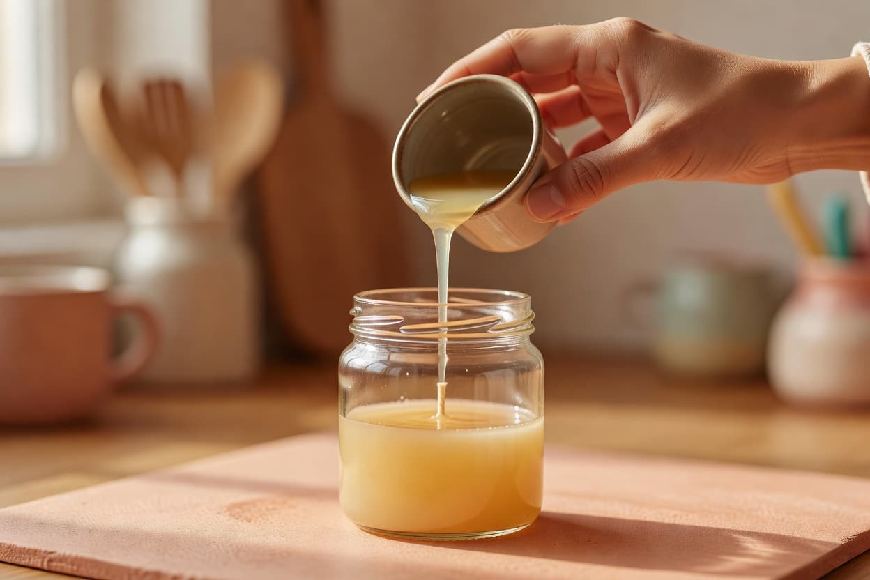 close-up of hands pouring melted soy wax into a glass jar with a centered wick