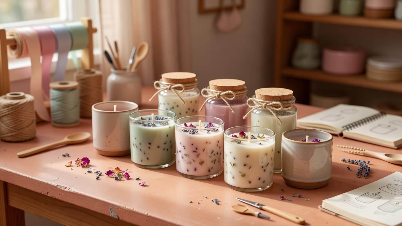 a cozy home studio with several finished aromatic candles lined up ready for packaging