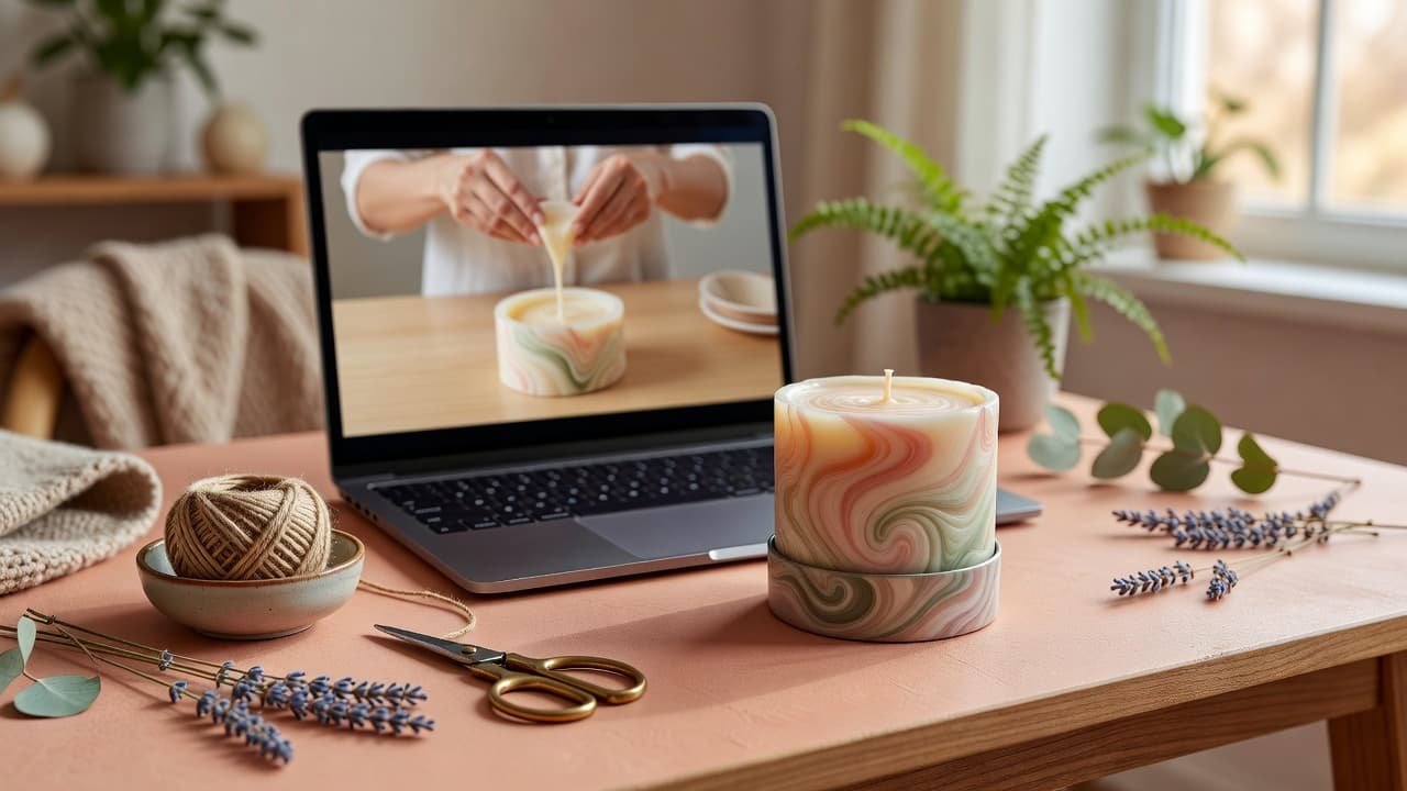 a laptop open on a desk showing an online candle-making course video next to a finished swirled soy wax candle in a mold