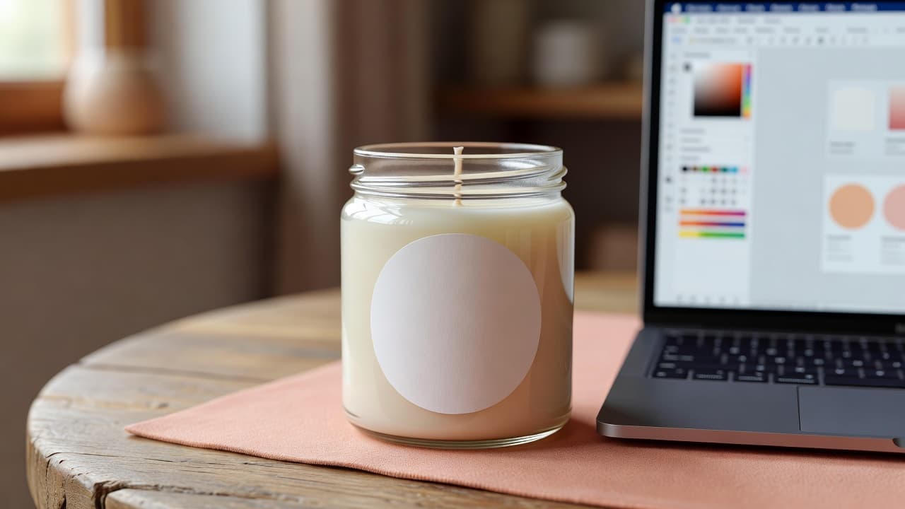 a handmade soy candle jar with a blank round white label ready for printing
