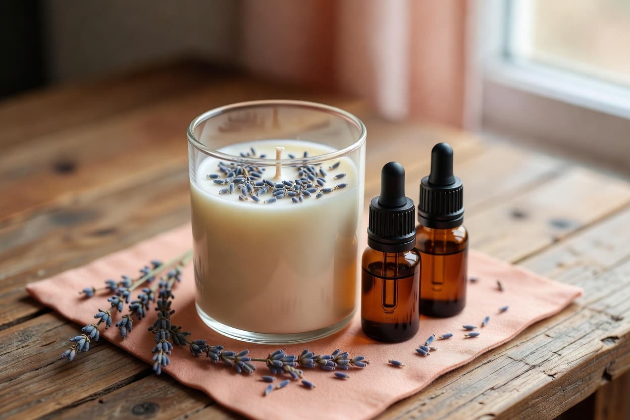 a finished natural soy candle with dried lavender on top next to small amber bottles of essential oil