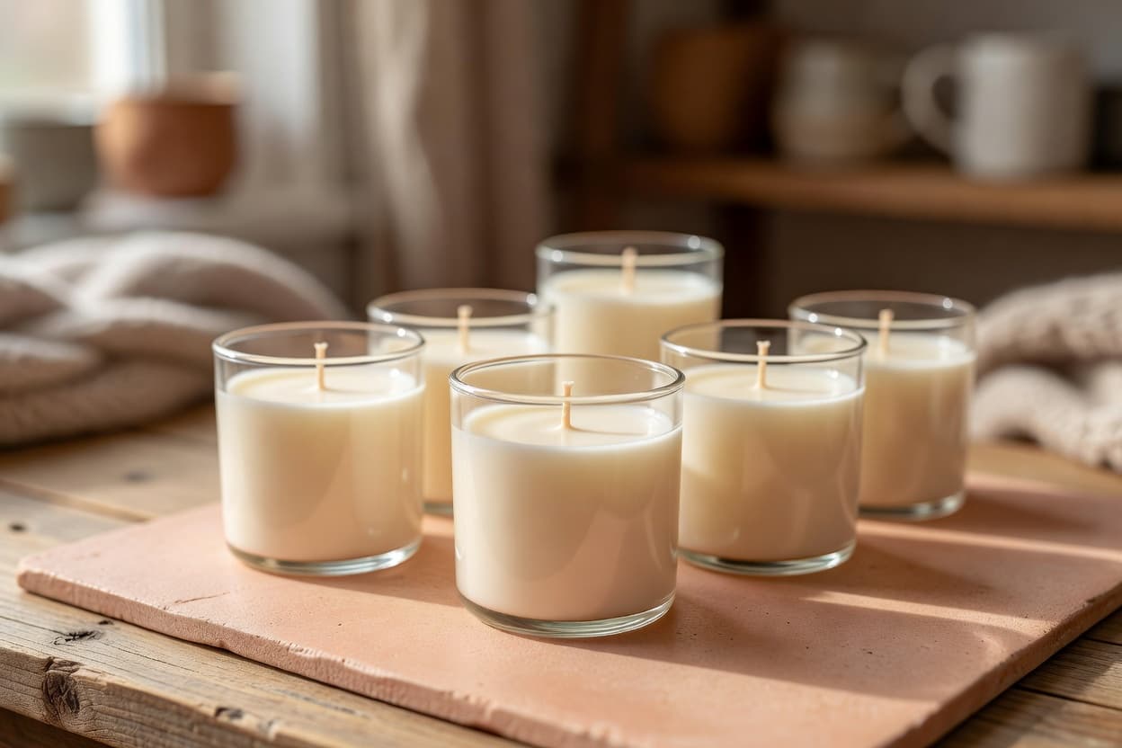 several finished aromatic soy wax candles in glass jars with visible wicks