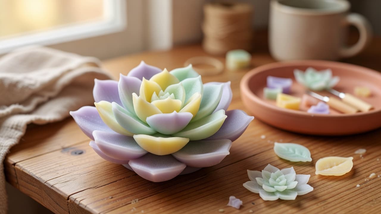 a finished decorative candle unmolded from a silicone succulent-shaped mold