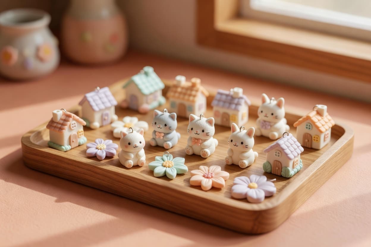 a display tray with several finished cold porcelain souvenir keychains and magnets styled for a small business