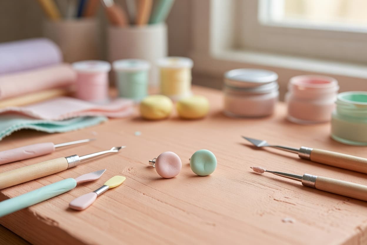 a finished pair of pastel polymer clay stud earrings drying on a workspace next to small clay tools
