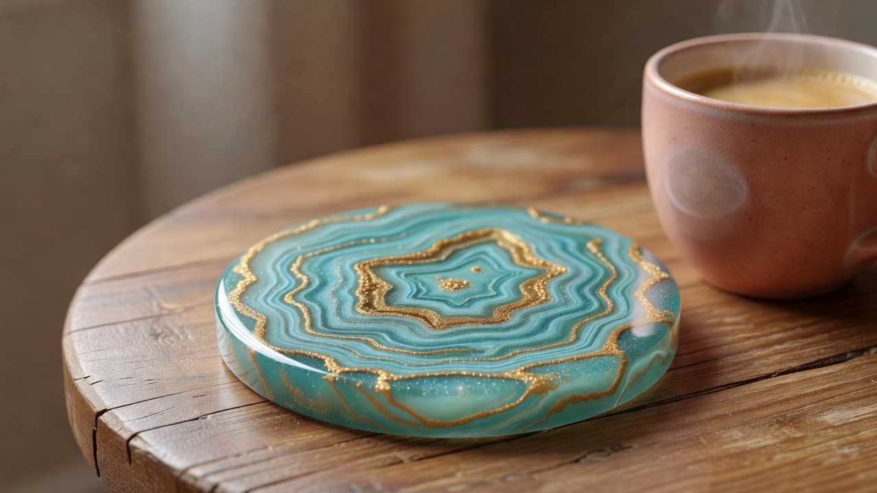 a finished round epoxy resin coaster with a geode agate effect in teal and gold